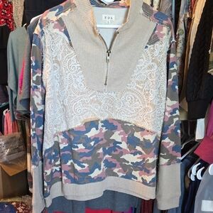 POL Zip Up Shacket with Camouflage and Lace